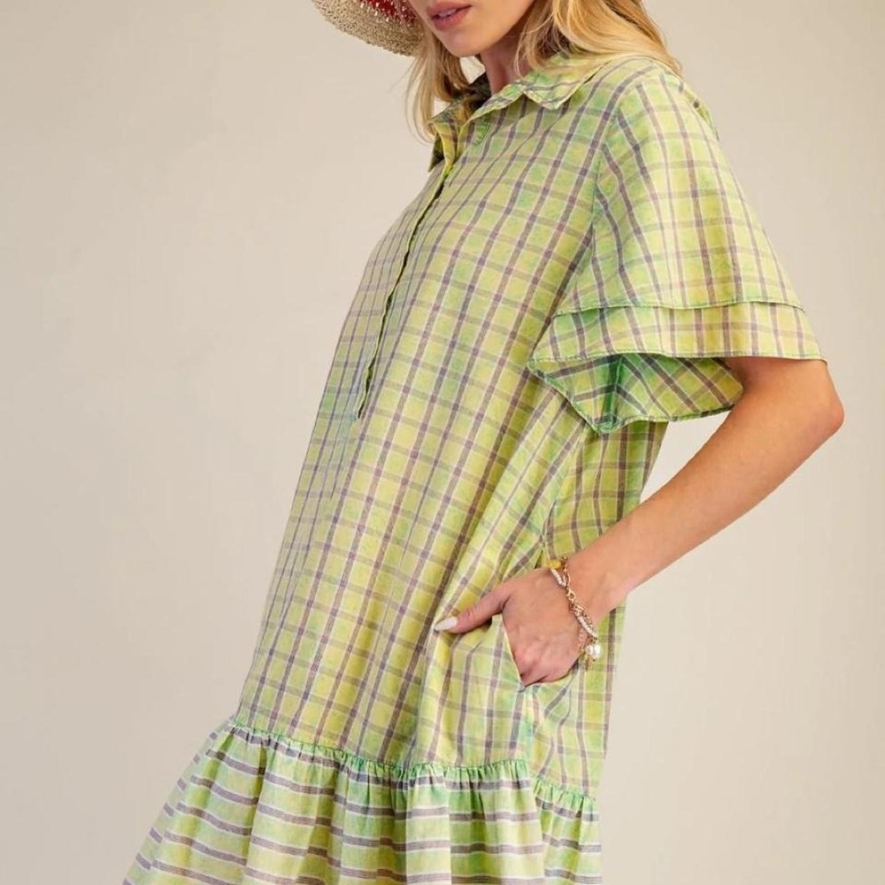 Easel Button Down Mini Dress Cottagecore Short Sleeve Womens